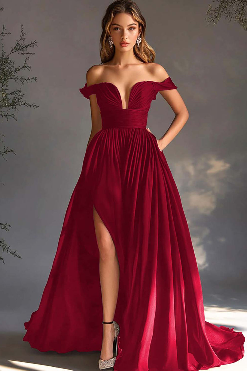 Laden Sie das Bild in den Galerie-Viewer, Schwarzes schulterfreies A-Linie Chiffon Ballkleid