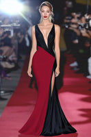 Laden Sie das Bild in den Galerie-Viewer, Schwarz-weißes Langes Etui Galakleid mit tiefem V-Ausschnitt