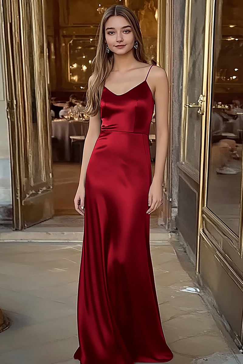 Laden Sie das Bild in den Galerie-Viewer, Spaghettiträger Kaffee Satin Langes Ballkleid