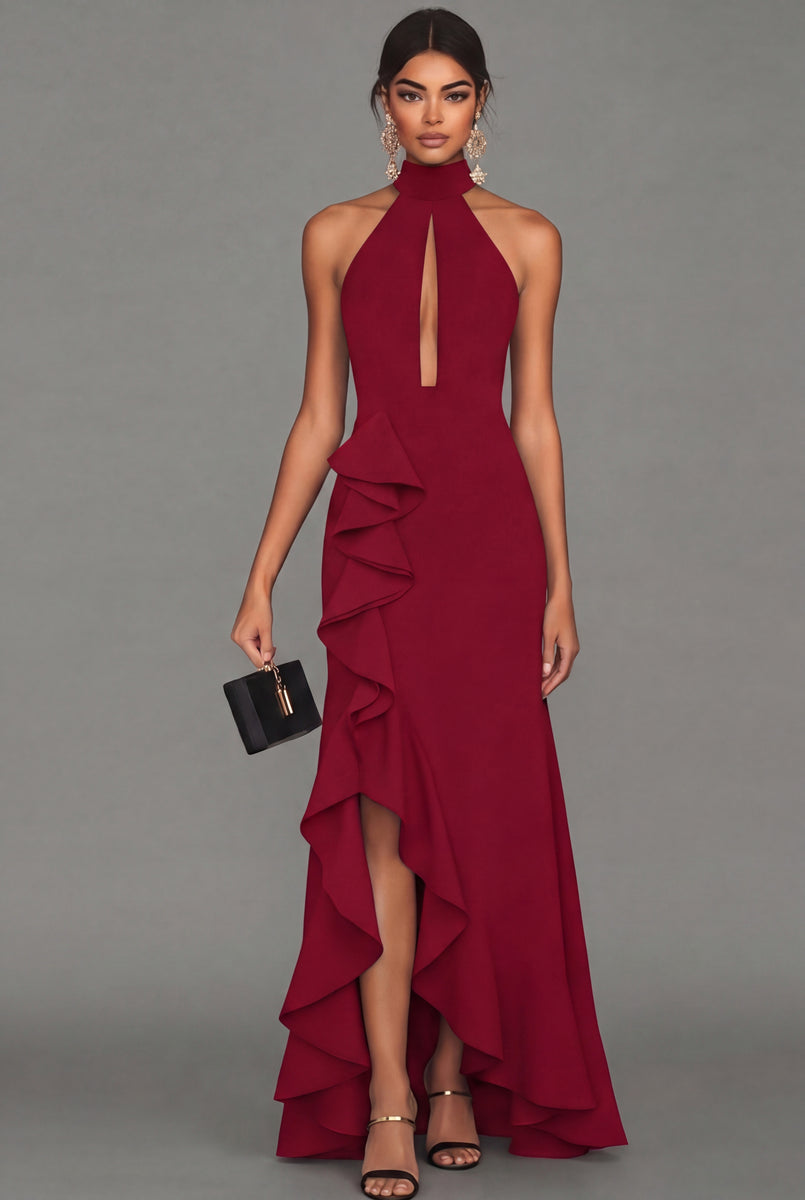 Laden Sie das Bild in den Galerie-Viewer, Schwarzer Halterhals mit Rüschen und Ausschnitt langes Festkleid mit Schlitz