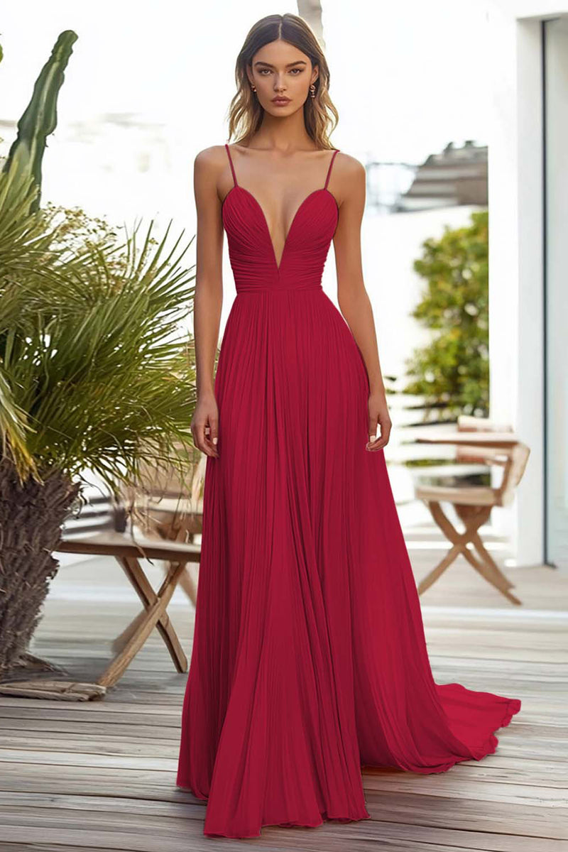 Laden Sie das Bild in den Galerie-Viewer, Rosa A-Linie Plissee Langes Hochzeitsgastkleid