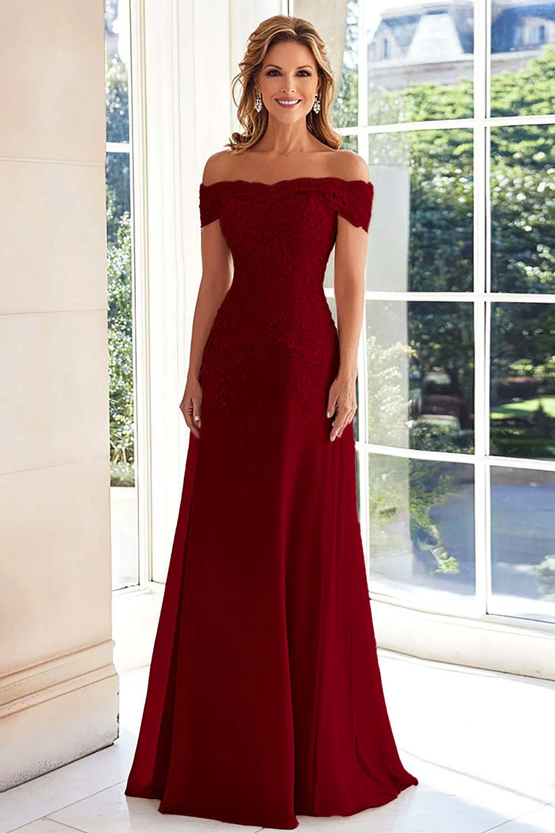 Laden Sie das Bild in den Galerie-Viewer, Elegantes Schulterfreies Chiffon Etui Langes Brautmutterkleid mit Spitzenapplikationen