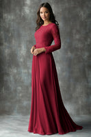 Laden Sie das Bild in den Galerie-Viewer, A-Linie Rundhals langen Ärmeln Kleid für die Brautmutter Staubblaues Etui