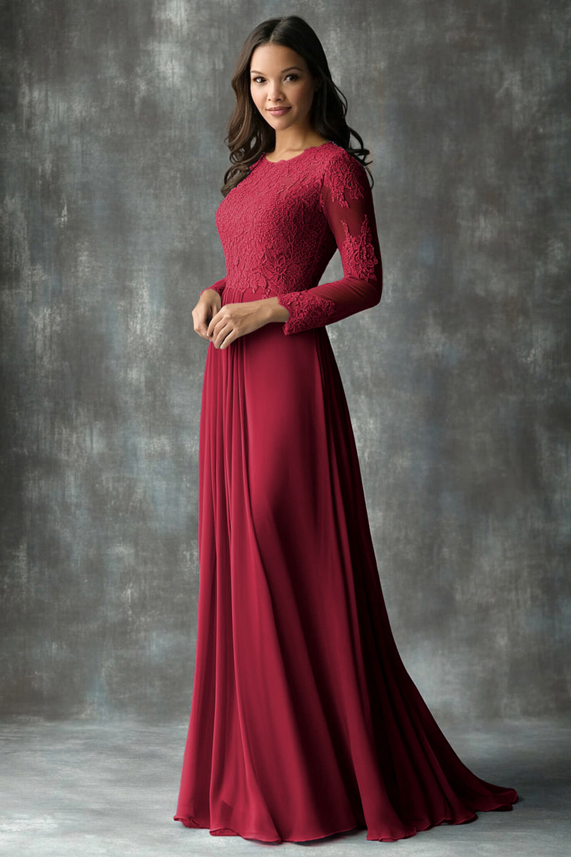 Laden Sie das Bild in den Galerie-Viewer, A-Linie Rundhals langen Ärmeln Kleid für die Brautmutter Staubblaues Etui