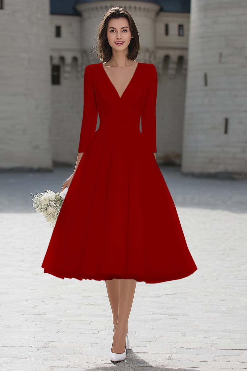 Laden Sie das Bild in den Galerie-Viewer, A-Linie Elfenbein Midi Standesamtkleid mit V-Ausschnitt