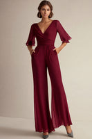 Laden Sie das Bild in den Galerie-Viewer, Marineblaue Chiffon Overalls für die Brautmutter mit V-Ausschnitt und halben Ärmeln