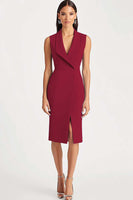 Laden Sie das Bild in den Galerie-Viewer, Himmelblaues Knielanges Schal-Revers Arbeitskleid aus Satin mit Schlitz