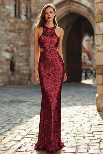Glitzerndes Burgunderrotes Meerjungfrauen Cut-Out Partykleid