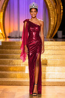 Laden Sie das Bild in den Galerie-Viewer, Glitzerndes Dunkelgrünes Pailletten Meerjungfrauen Einschulter Ballkleid mit Schlitz