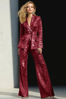 Laden Sie das Bild in den Galerie-Viewer, Glitzernde Silberne 2-teilige Pailletten mit gekerbtem Revers Frauen Ballanzüge