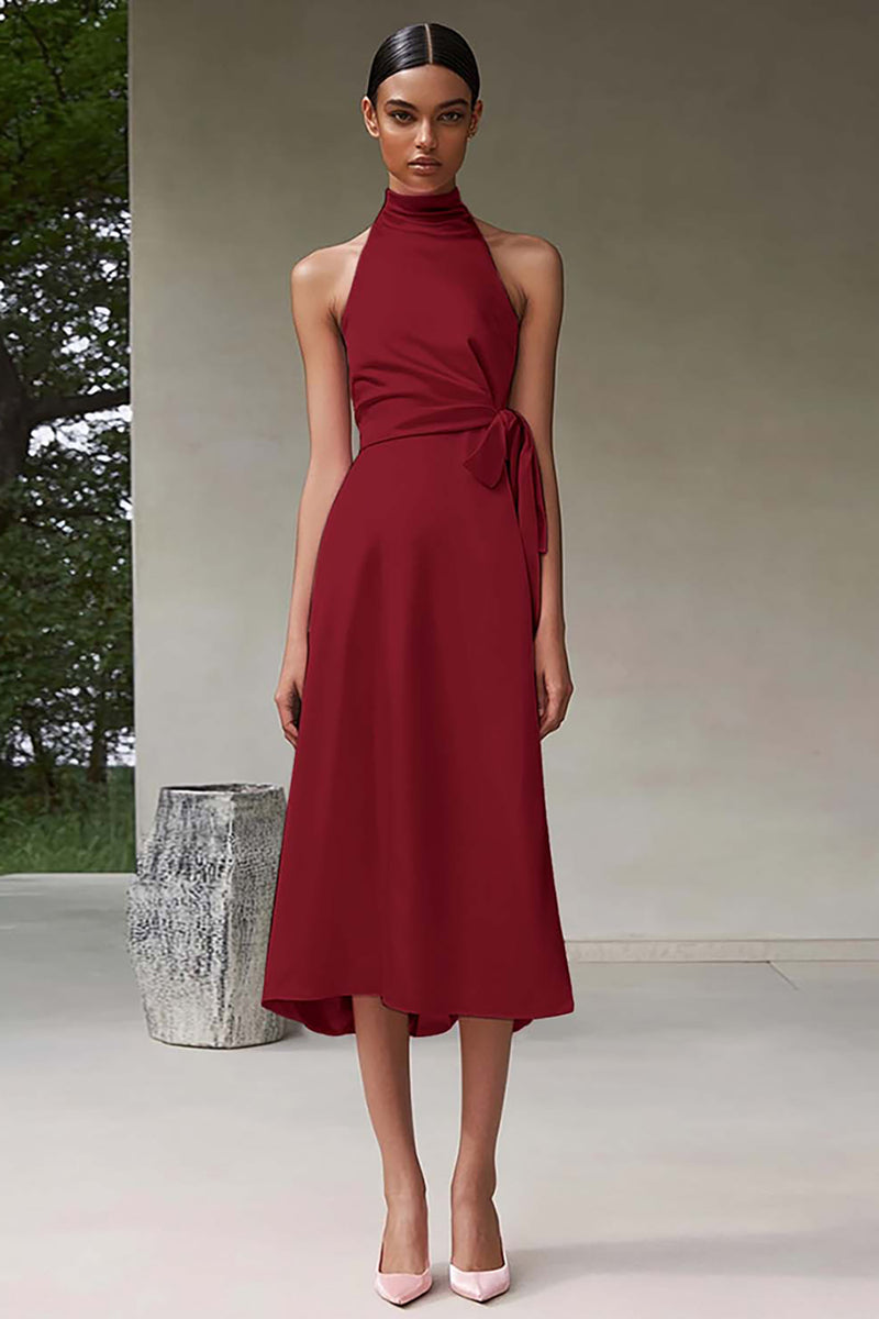 Laden Sie das Bild in den Galerie-Viewer, Rosa A-Linie Neckholder Teelänge Satin Partykleid