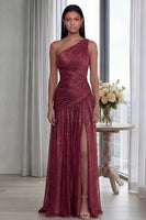 Laden Sie das Bild in den Galerie-Viewer, Golden Einschulteriges Falten Langes Festkleid mit Schlitz