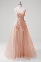 Laden Sie das Bild in den Galerie-Viewer, Blaues Langes A-Linie Korsett Tüll Ballkleid mit Spaghettiträgern und Applikationen