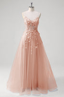 Laden Sie das Bild in den Galerie-Viewer, A-Linie Tüll Spaghettiträger Korsett Applikation Blaues Ballkleid mit Schlitz