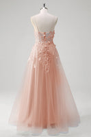 Laden Sie das Bild in den Galerie-Viewer, Blaues Langes A-Linie Korsett Tüll Ballkleid mit Spaghettiträgern und Applikationen