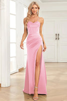 Laden Sie das Bild in den Galerie-Viewer, Meerjungfrau Spaghettiträger Dunkelgrünes langes Ballkleid mit Schlitz