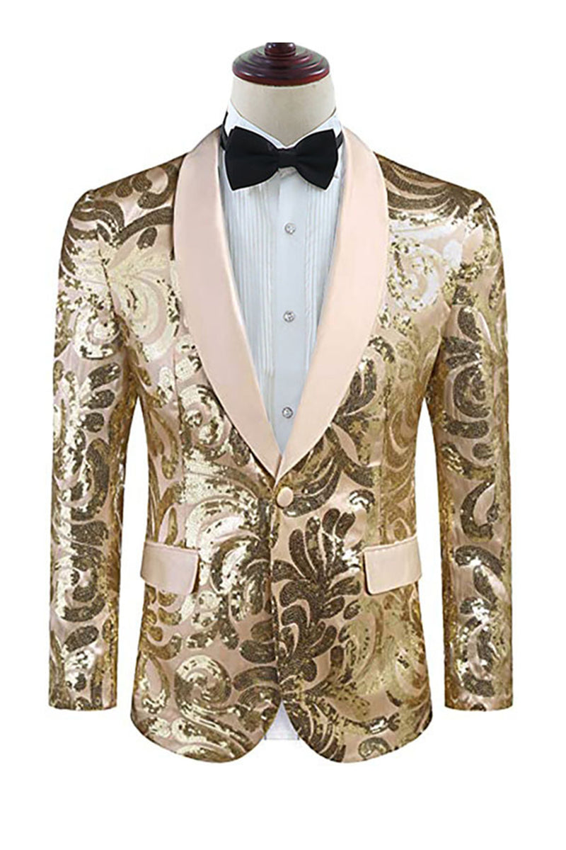 Laden Sie das Bild in den Galerie-Viewer, Goldener Schal Revers Pailletten Herren Blazer