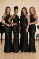 Laden Sie das Bild in den Galerie-Viewer, Schwarzes Neckholder Pailletten Meerjungfrauen Langes Chorkleid