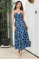 Laden Sie das Bild in den Galerie-Viewer, Blaues schwarzes Maxi Boho Partykleid mit Blumenmuster