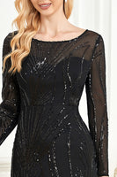 Laden Sie das Bild in den Galerie-Viewer, Glitzerndes Schwarzes Meerjungfrauen Pailletten Chorkleid mit Bootsausschnitt und langen Ärmeln