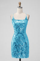 Laden Sie das Bild in den Galerie-Viewer, Königsblaues figurbetontes kurzes Abiballkleid mit Pailletten und Schnürung am Rücken