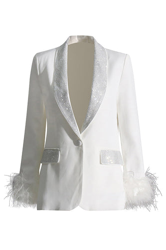 Glitter Weiß Schal Revers Damen Blazer mit Federn