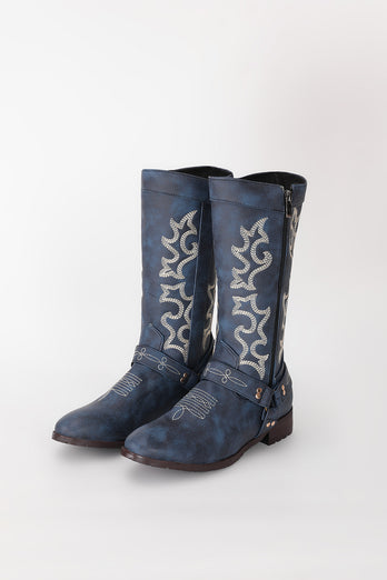 Blau bestickte Cowgirl Boho Mid Calf Stiefel