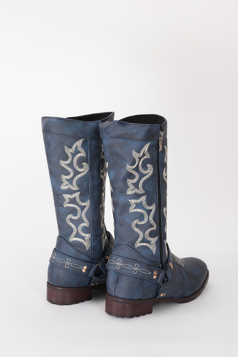 Laden Sie das Bild in den Galerie-Viewer, Blau bestickte Cowgirl Boho Mid Calf Stiefel