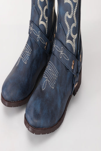 Blau bestickte Cowgirl Boho Mid Calf Stiefel