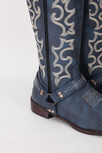 Blau bestickte Cowgirl Boho Mid Calf Stiefel