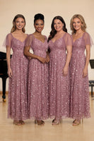 Laden Sie das Bild in den Galerie-Viewer, Staubige Rose A-Linie V-Ausschnitt Langes Chorkleid mit Bestickung