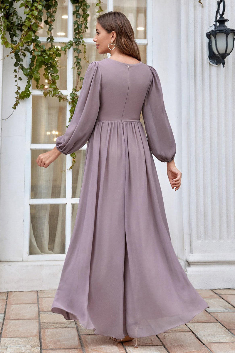 Laden Sie das Bild in den Galerie-Viewer, Burgunder Applikiertes A-Linie Langarmiges Chiffon Chorkleid