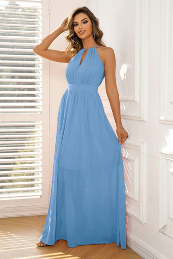 Blaues langes A-Linie formelles Kleid