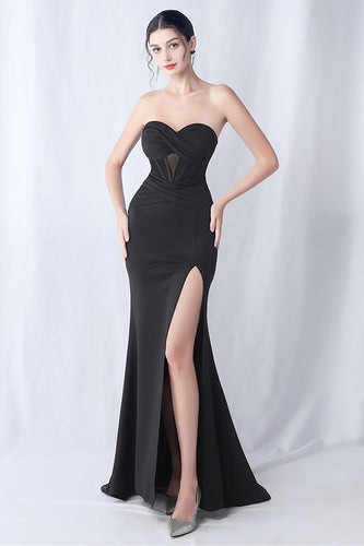 Schwarzes Meerjungfrauen Herzausschnitt langes formelles Kleid mit Schlitz