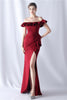 Laden Sie das Bild in den Galerie-Viewer, Burgunderrotes Meerjungfrau Schulterfreies langes formelles Kleid mit Rüschen