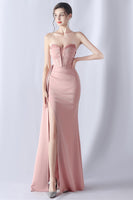 Laden Sie das Bild in den Galerie-Viewer, Marineblaues Meerjungfrau trägerloses langes Korsett Ballkleid mit Schlitz