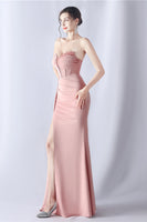 Laden Sie das Bild in den Galerie-Viewer, Marineblaues Meerjungfrau trägerloses langes Korsett Ballkleid mit Schlitz