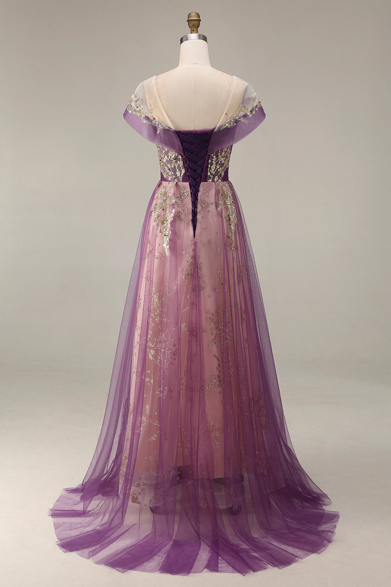 Laden Sie das Bild in den Galerie-Viewer, Glitzerndes Lila langes Ballkleid aus Tüll in A-Linie
