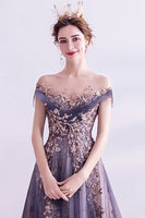 Laden Sie das Bild in den Galerie-Viewer, Glitzerndes Lila langes Ballkleid aus Tüll in A-Linie