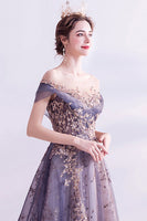 Laden Sie das Bild in den Galerie-Viewer, Glitzerndes Lila langes Ballkleid aus Tüll in A-Linie