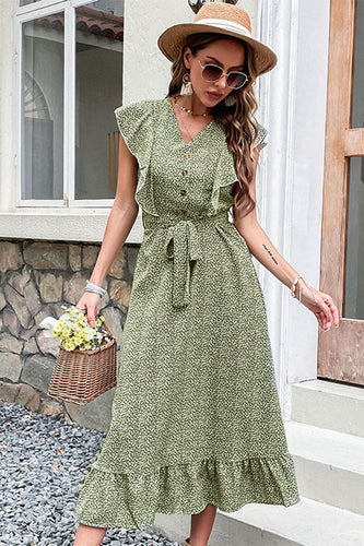 V-Ausschnitt Hohe Taille Grün Sommerkleid