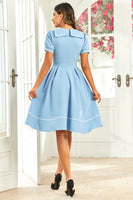 Laden Sie das Bild in den Galerie-Viewer, Blaues Kleid im Retro Stil der 1950er Jahre mit kurzen Ärmeln