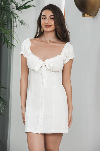 Einreihiges weißes Kleid mit Schnürung und Puffärmeln