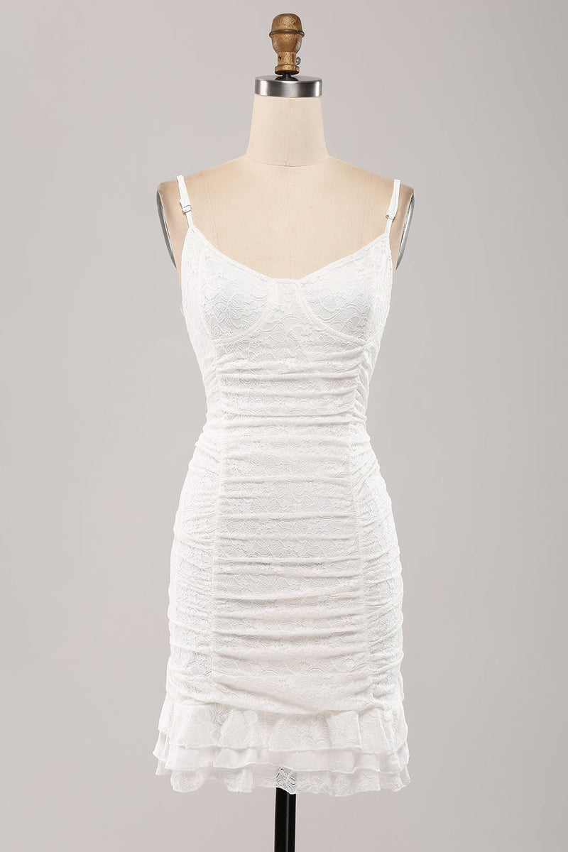 Laden Sie das Bild in den Galerie-Viewer, Spaghettiträger Figurbetontes plissiertes Spitze kleines weißes Kleid