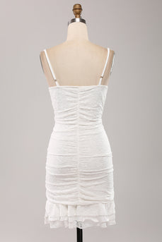 Spaghettiträger Figurbetontes plissiertes Spitze kleines weißes Kleid