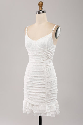 Spaghettiträger Figurbetontes plissiertes Spitze kleines weißes Kleid