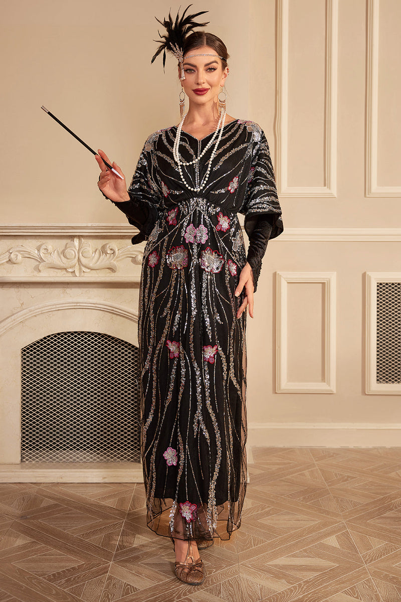 Laden Sie das Bild in den Galerie-Viewer, Glitzer schwarze Fledermausärmel Pailletten Langes Flapper Kleid aus den 1920er Jahren