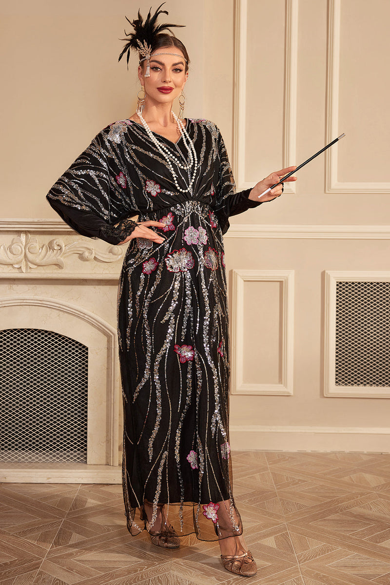 Laden Sie das Bild in den Galerie-Viewer, Glitzer schwarze Fledermausärmel Pailletten Langes Flapper Kleid aus den 1920er Jahren