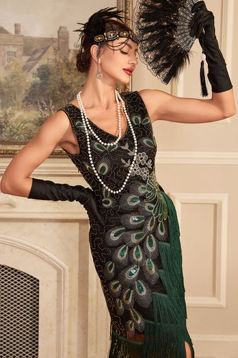 Glitzerndes schwarzes Flapper Kleid mit Fransen aus den 1920er Jahren