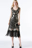 Laden Sie das Bild in den Galerie-Viewer, Glitzerndes schwarzes goldenes Fransen Flapper Kleid